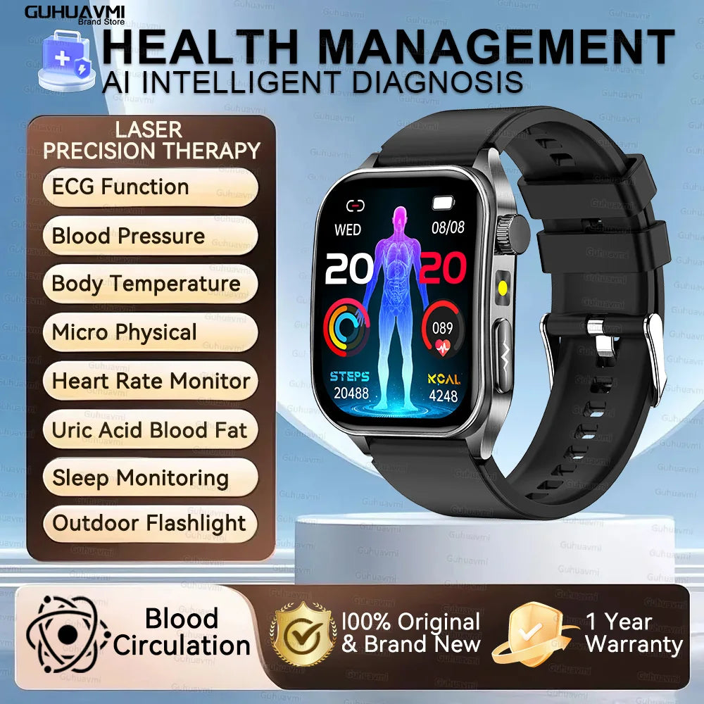 Montre Intelligente de Santé 2026 Thérapie Laser Réduction des Trois Hyper (Tension, Glycémie, Lipides) Oxygène Sanguin Pression Acide Urique ECG Montre Connectée pour Homme