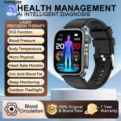 Montre Intelligente de Santé 2026 Thérapie Laser Réduction des Trois Hyper (Tension, Glycémie, Lipides) Oxygène Sanguin Pression Acide Urique ECG Montre Connectée pour Homme