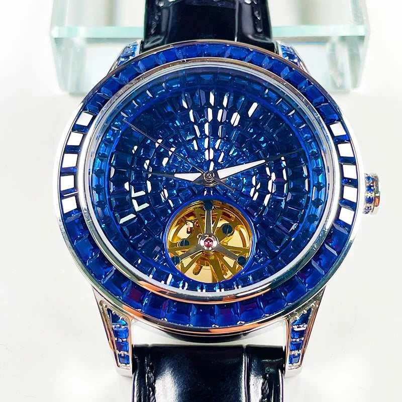 PINDU Nouvelle montre mécanique pour homme, avec pointeur lumineux diamanté, montre-bracelet saphir de qualité supérieure pour hommes, Montre Homme avec boîte cadeau P5037