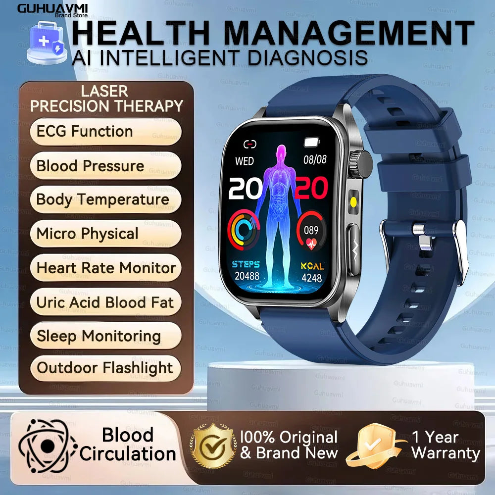 Montre Intelligente de Santé 2026 Thérapie Laser Réduction des Trois Hyper (Tension, Glycémie, Lipides) Oxygène Sanguin Pression Acide Urique ECG Montre Connectée pour Homme