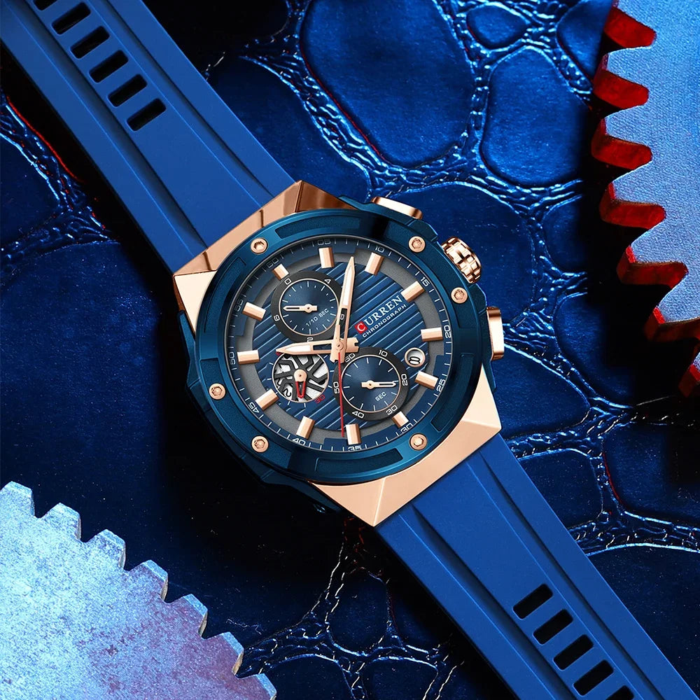 CURREN Montre à quartz multifonctionnelle de sport à la mode avec bracelet en silicone Cadran au design créatif Aiguilles lumineuses