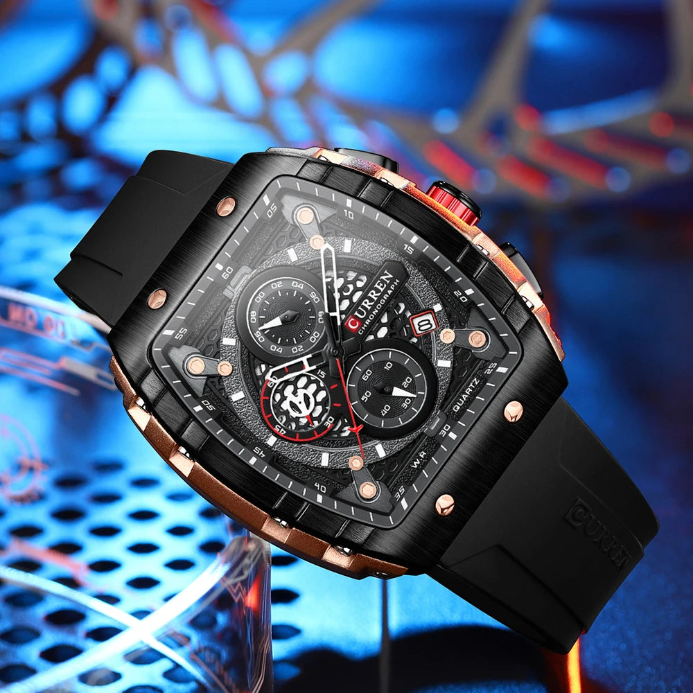 CURREN Square Chronograph Silicone Strap Watch 47mm