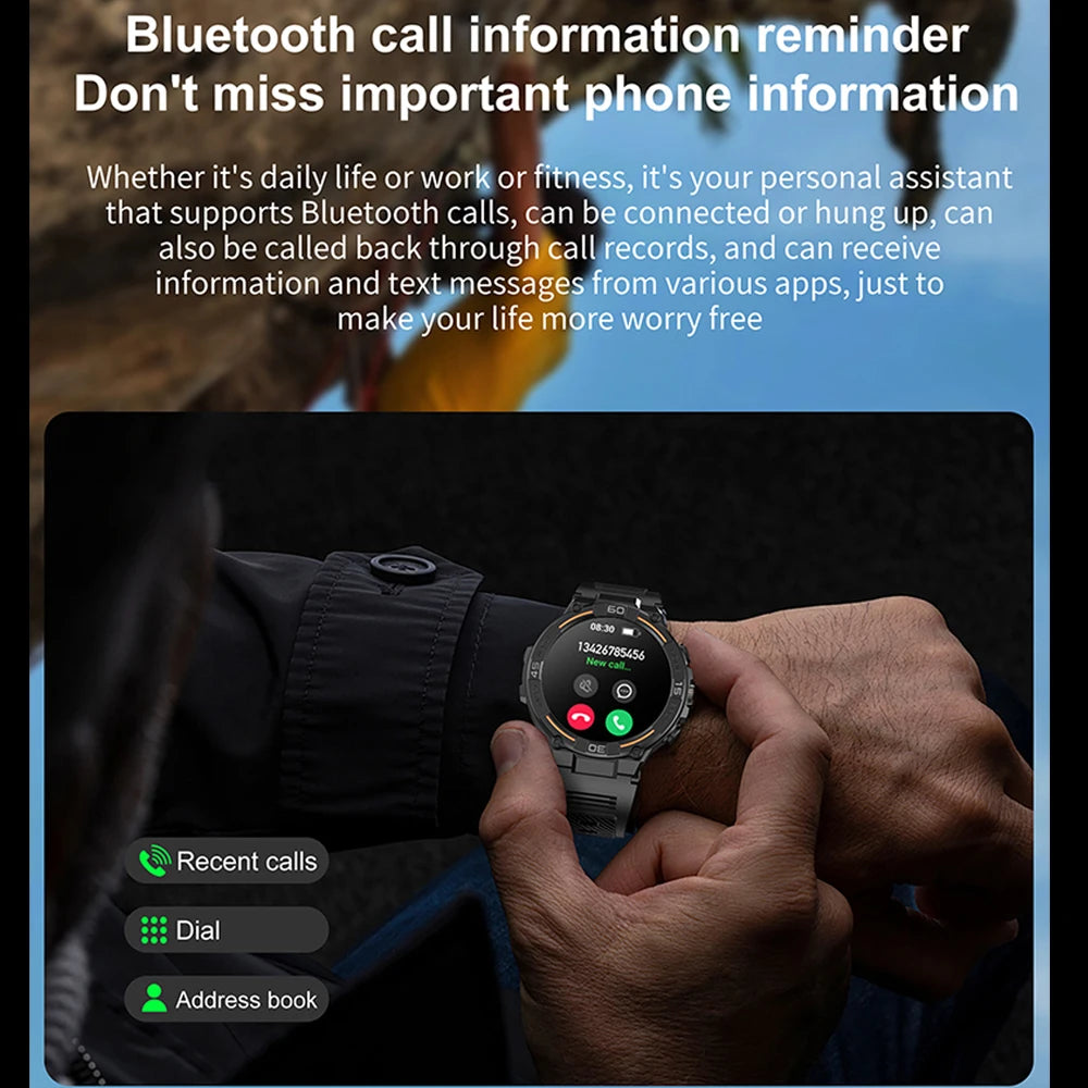 Smartwatch d'extérieur militaire 2026 pour hommes, appels Bluetooth, étanche, moniteur de santé, suivi sportif de course, compatible Android iOS