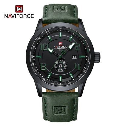 Montre-bracelet décontractée tendance NAVIFORCE pour homme, montre militaire de sport étanche avec bracelet en cuir, mouvement à quartz, calendrier