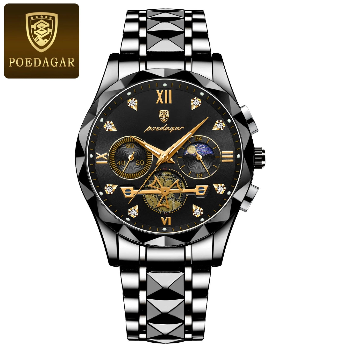 POEDAGAR Montre-bracelet homme de haute qualité en acier inoxydable, chronographe, pour affaires, étanche, lumineuse, à quartz