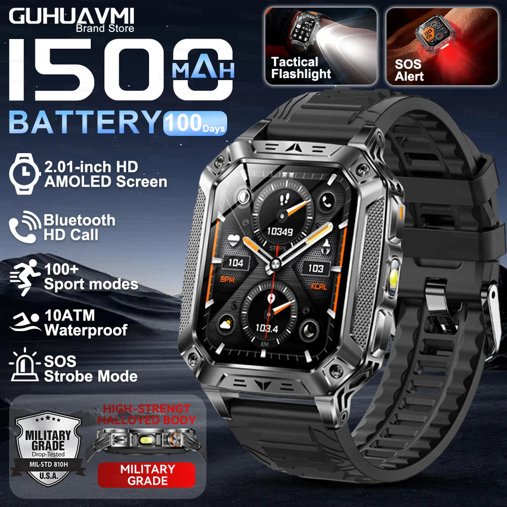 Montre Intelligente Militaire Homme 1500mAh Longue Autonomie Sport Extérieur Montre Connectée Homme Étanche 10ATM Fréquence Cardiaque Appel BT Grande Batterie