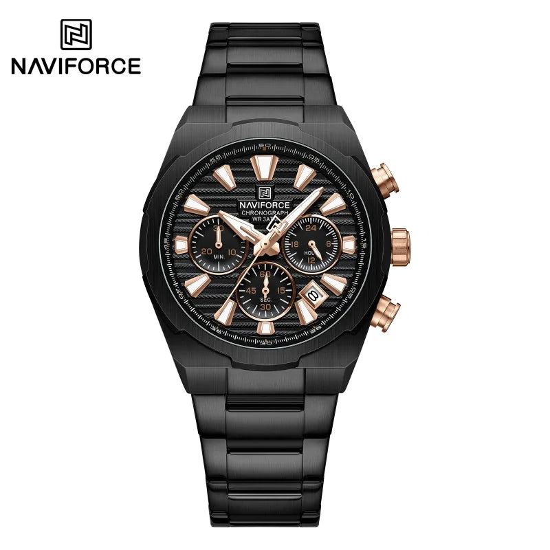 Montre-bracelet à quartz NAVIFORCE pour homme, multifonctionnelle, avec calendrier, chronomètre, lumineuse, étanche 30 ATM, bracelet en acier inoxydable