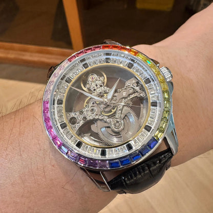 AOKULASIC Luxury Skeleton Automatic Watch for Men Fashion Black Leather Strap Luminous Hands Business Mechanical Mens Watches