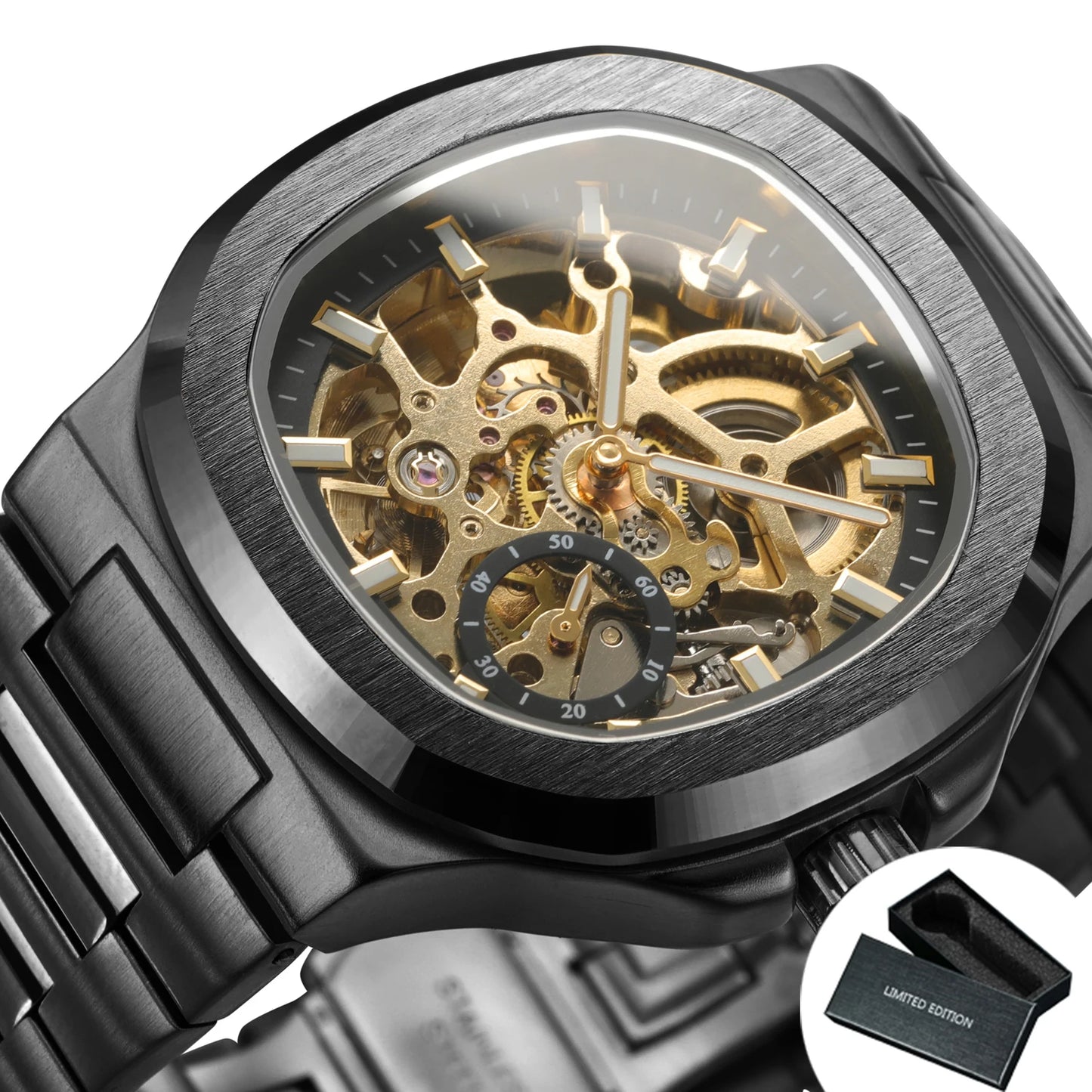 Forsining Fashion Skeleton Automatic Watch for Men Small Dials Luminous Hands Stainless Steel Strap Business Casual Mens Watches