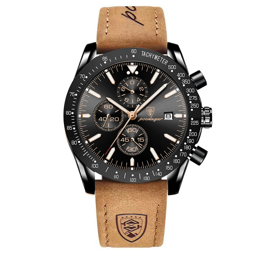 POEDAGAR Montre Homme de Luxe Étanche Lumineuse Date Chronographe Montre-Bracelet à Quartz Homme Haute Qualité Sport Cuir Homme Montres