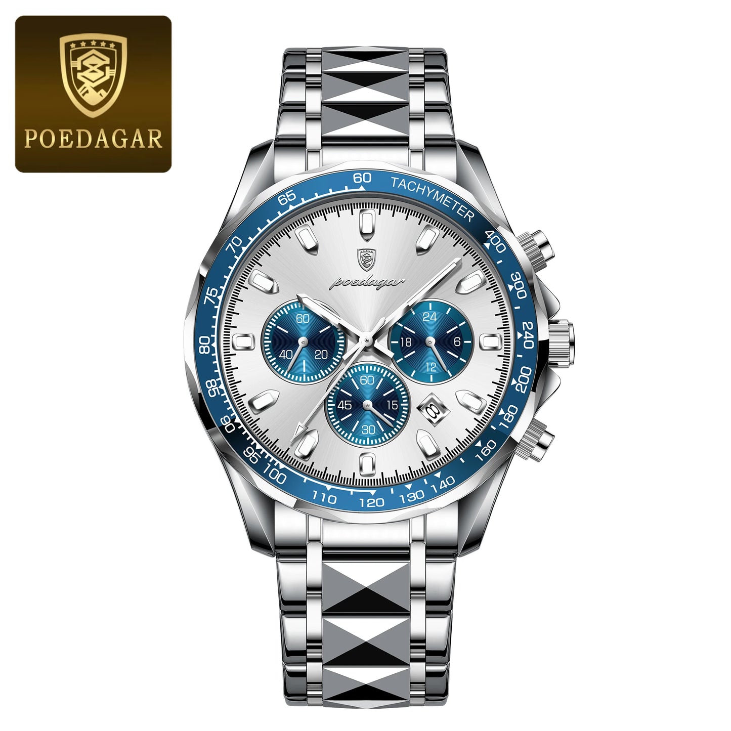 POEDAGAR Montre Homme Luxe Étanche Lumineuse en Acier Inoxydable Montre Chronographe à Quartz avec Date pour Homme d'Affaires
