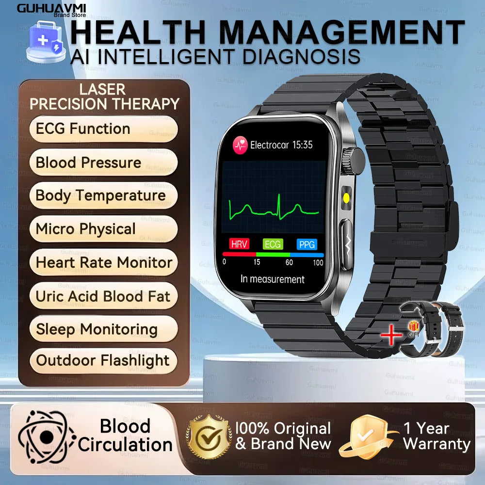 Montre Intelligente de Santé 2026 Thérapie Laser Réduction des Trois Hyper (Tension, Glycémie, Lipides) Oxygène Sanguin Pression Acide Urique ECG Montre Connectée pour Homme