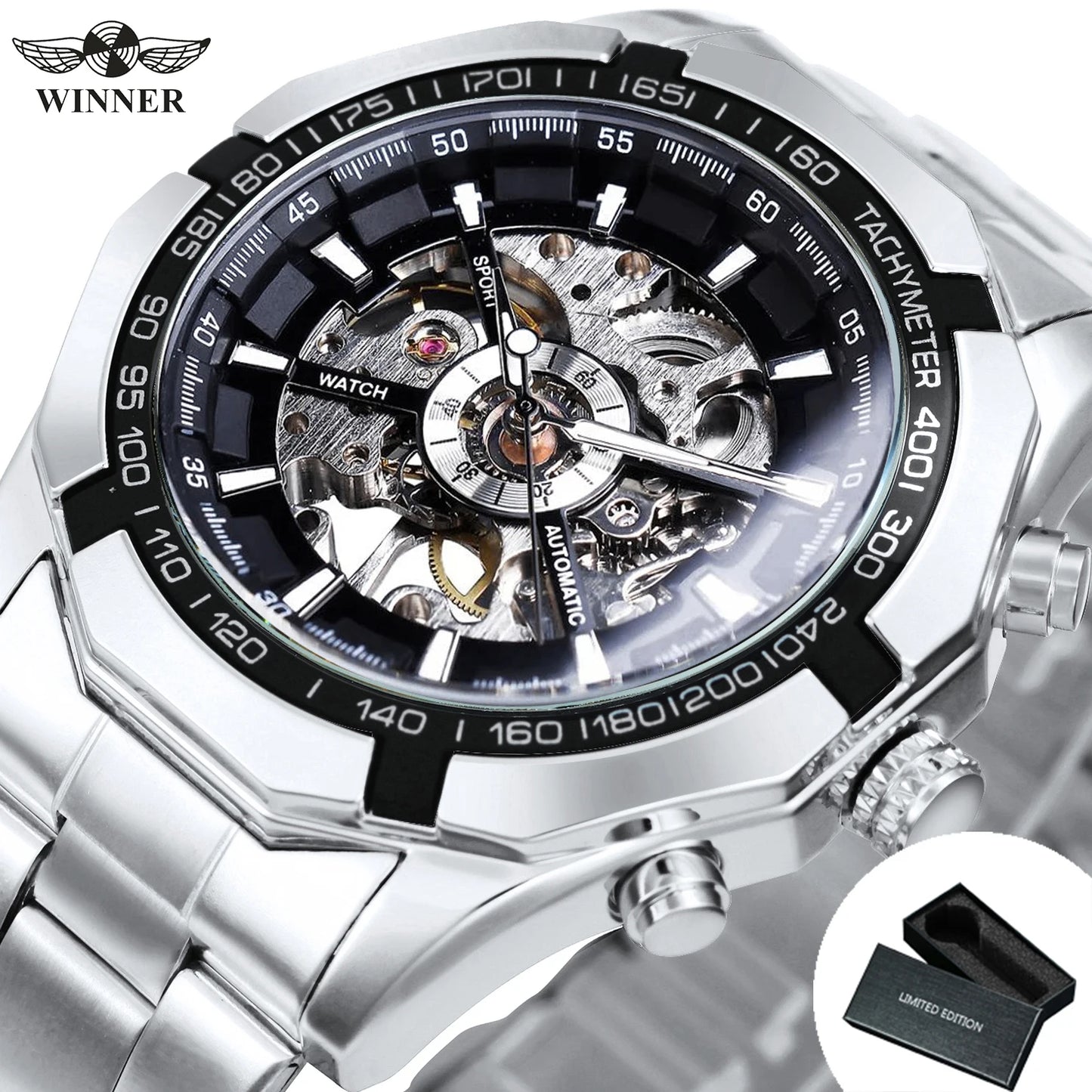WINNER Fashion Skeleton Watch for Men Luminous Hand Classsic Mechanical Watches Stainless Steel Band Luxury Forsining Wristwatch