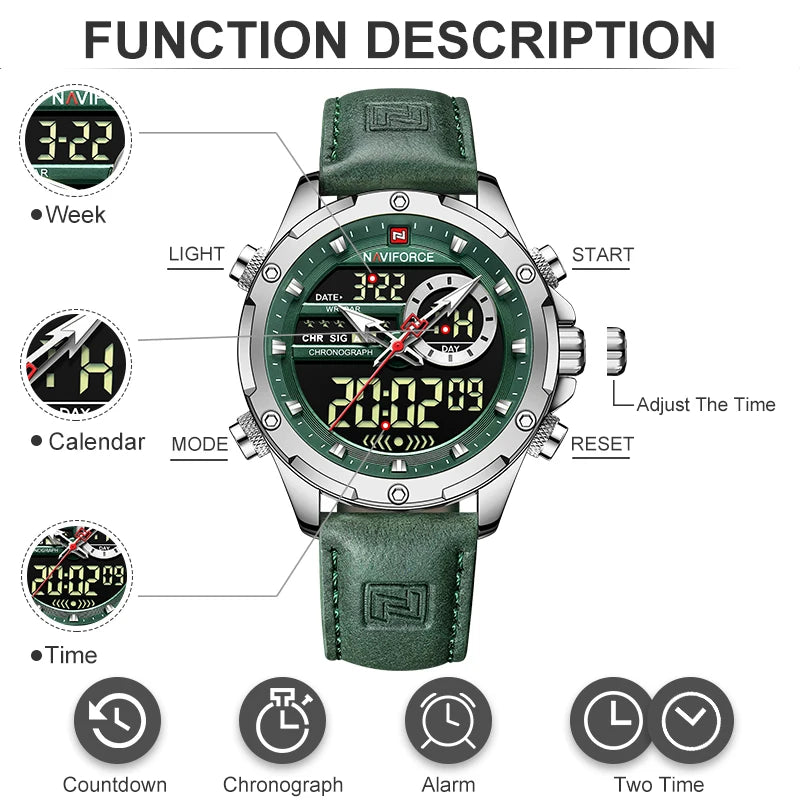 NAVIFORCE – Montres de mode pour homme, bracelet en cuir véritable, décontracté, militaire, étanche, chronographe numérique, mouvement à quartz, alarme
