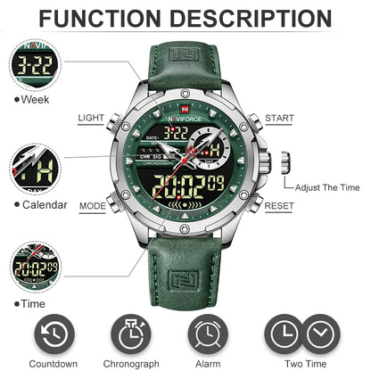 NAVIFORCE – Montres de mode pour homme, bracelet en cuir véritable, décontracté, militaire, étanche, chronographe numérique, mouvement à quartz, alarme