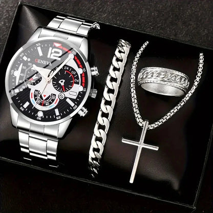 Ensemble de 4 pièces : montre à quartz pour homme en alliage doré de style romain avec calendrier et collier croix, bracelet et bague, cadeau sélectionné