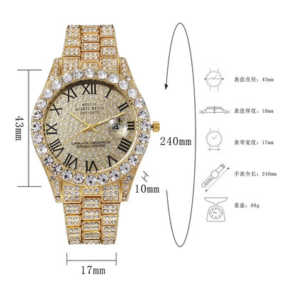 Montre diamant bling homme couleur or vente chaude montre de luxe à quartz montre mâle dropshipping montre-bracelet calendrier strass
