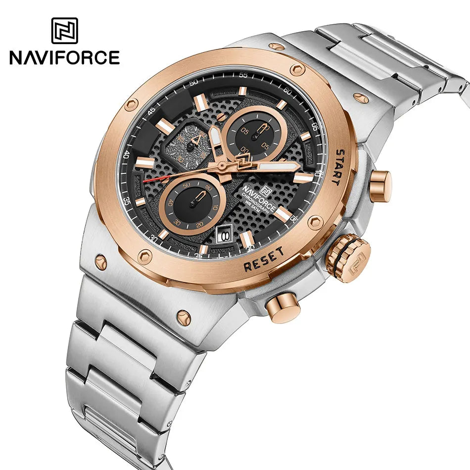 NAVIFORCE Montre Homme Quartz Top Marque Luxe Lumineux Chronographe Montre-Bracelet Acier Inoxydable Étanche Hommes Date Calendrier Horloge
