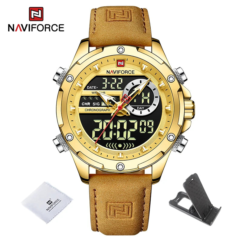 Montres NAVIFORCE pour hommes, style militaire sportif, en cuir véritable, étanches, avec cadran numérique, chronographe lumineux et créatif.