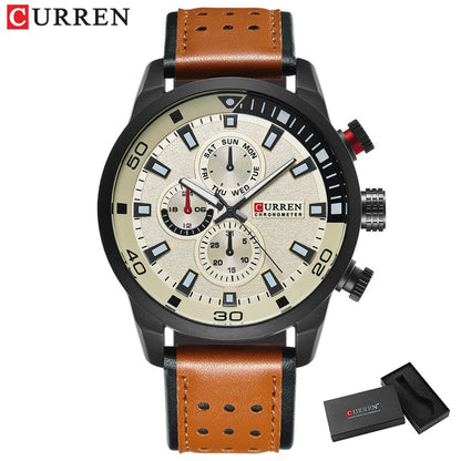 CURREN 8250 Montre Homme Étanche Décontractée à Trois Aiguilles Bracelet en Cuir Respirant