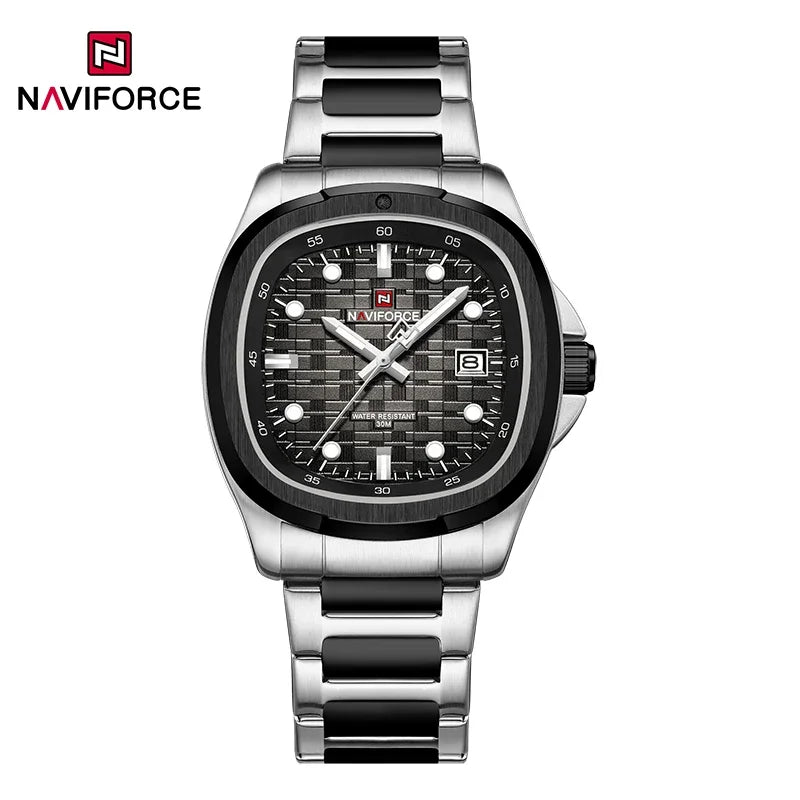 Montre-bracelet de sport NAVIFORCE pour hommes, à quartz, en acier inoxydable, lumineuse, avec calendrier, cadran carré, pour affaires