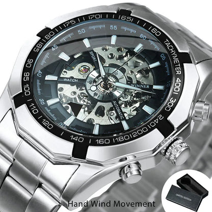WINNER Classic Skeleton Watch for Men Luminous Hands Mechanical Watches Stainless Steel Strap Luxury Brand Forsining Wristwatch