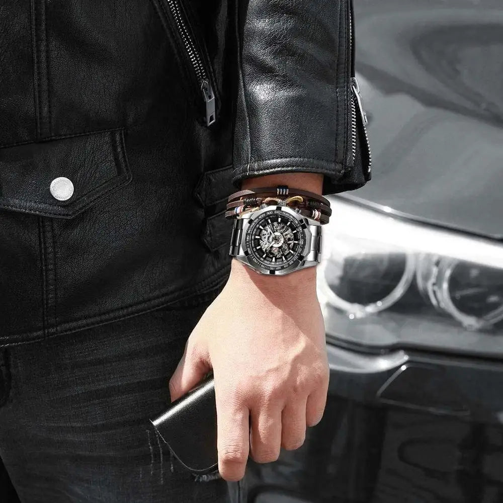 Forsining 2025 Montres Homme Squelette en Acier Inoxydable Étanche Marque de Luxe Transparente Mécanique Sport Montres-bracelets pour Hommes