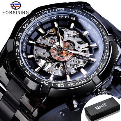 Forsining 2025 Montres Homme Squelette en Acier Inoxydable Étanche Marque de Luxe Transparente Mécanique Sport Montres-bracelets pour Hommes