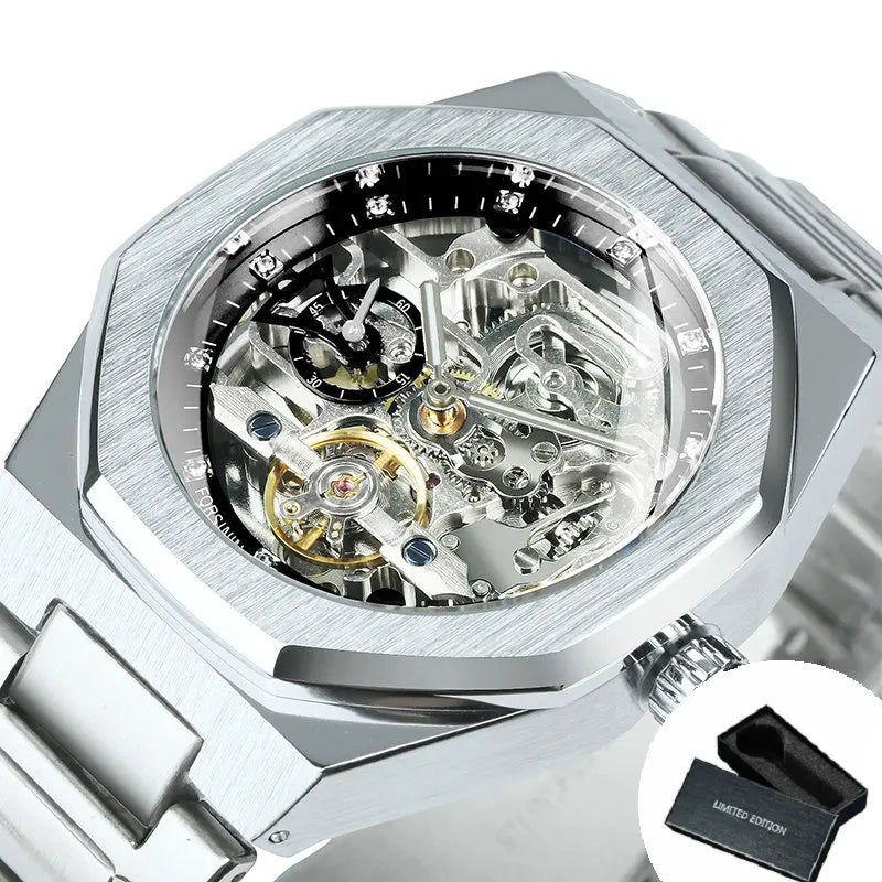 Forsining Montre automatique homme argentée 3D cadran diamanté Tourbillon irrégulier Squelette montres-bracelets mécaniques Aiguilles lumineuses Horloge