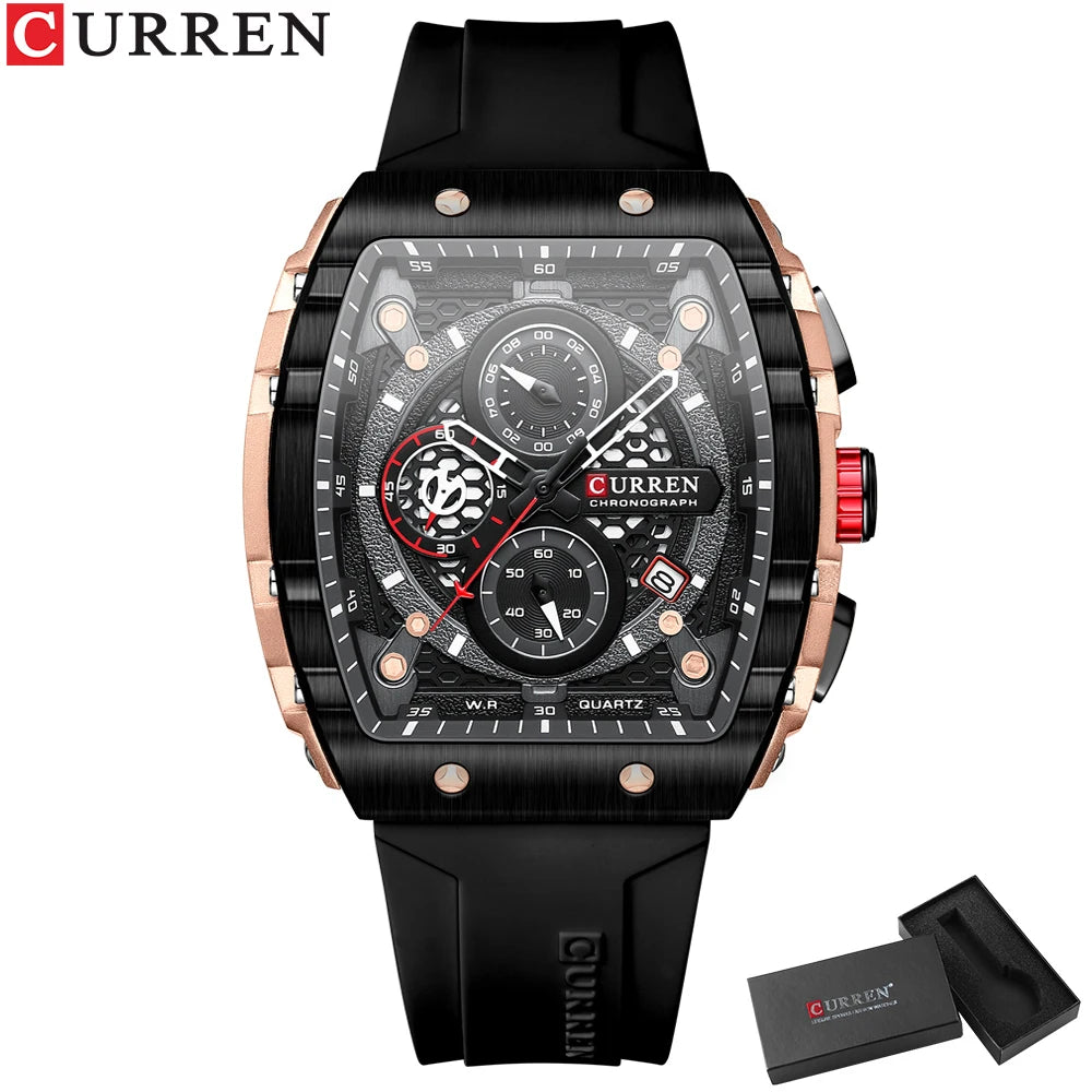 CURREN Tonneau Dial Chronograph Watch with Yellow Silicone Strap