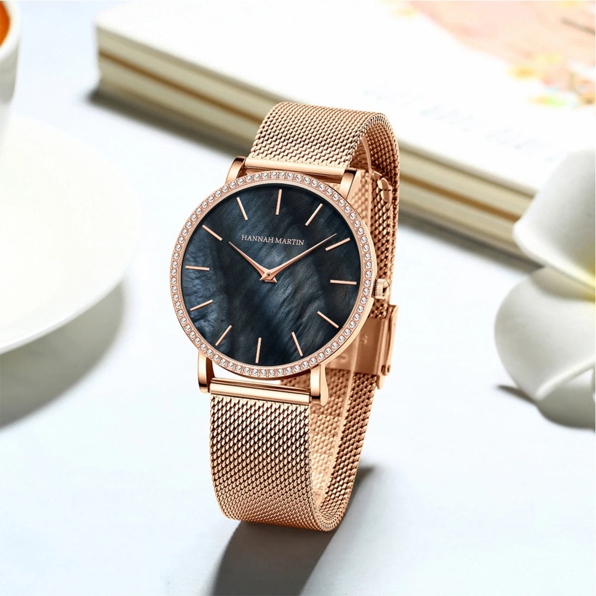 Montre à quartz Hannah Martin de luxe en or rose et diamants