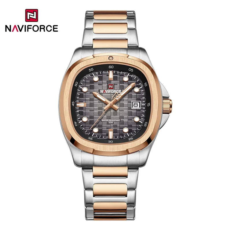 Montre-bracelet de sport NAVIFORCE pour hommes, à quartz, en acier inoxydable, lumineuse, avec calendrier, cadran carré, pour affaires