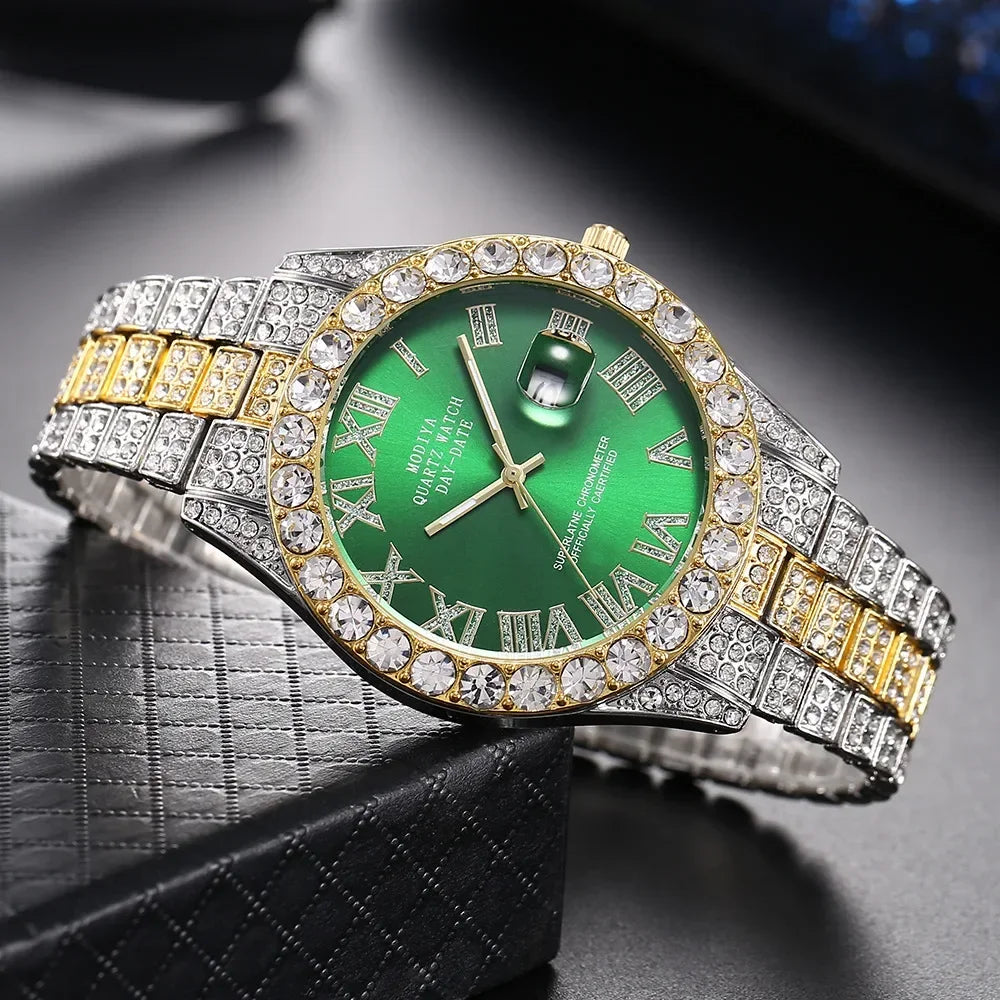 Montre diamant bling homme couleur or vente chaude montre de luxe à quartz montre mâle dropshipping montre-bracelet calendrier strass