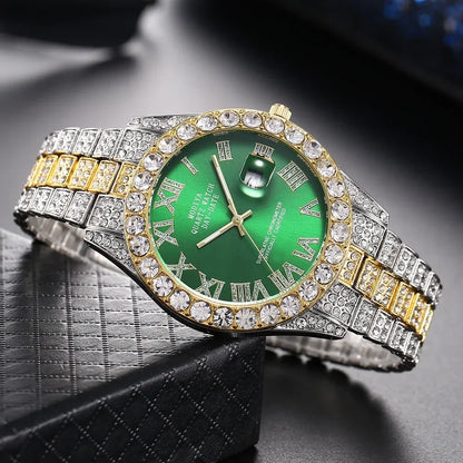 Montre diamant bling homme couleur or vente chaude montre de luxe à quartz montre mâle dropshipping montre-bracelet calendrier strass