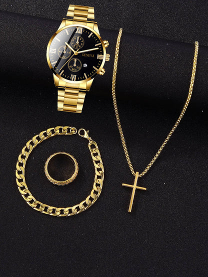 Ensemble de 4 pièces : montre à quartz pour homme en alliage doré de style romain avec calendrier et collier croix, bracelet et bague, cadeau sélectionné