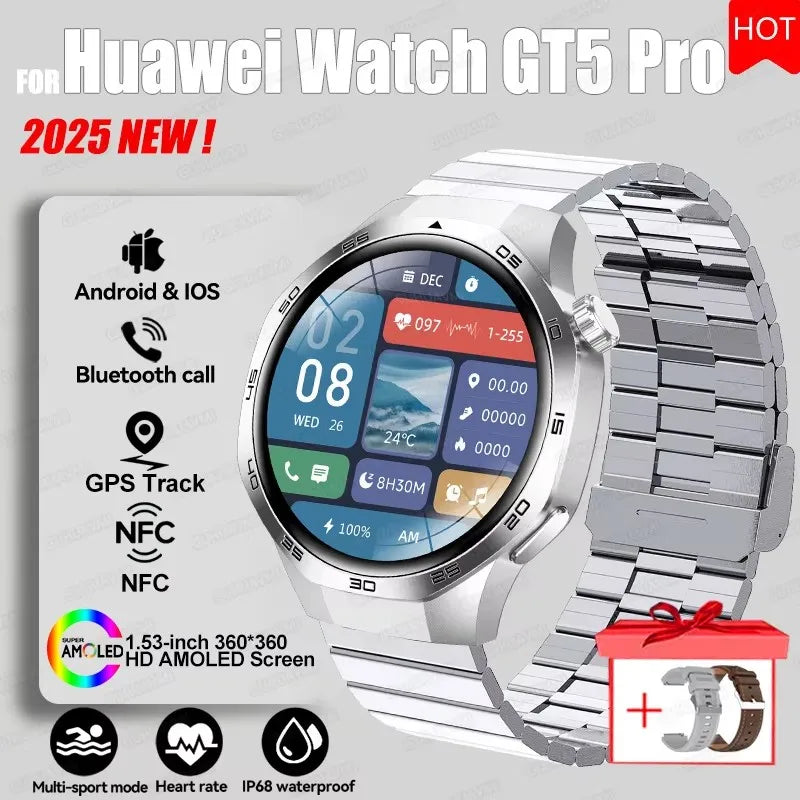 Montre connectée 2026 Watch 5 Pro GPS Suivi Boussole Hommes 360*360 Écran AMOLED NFC Appel BT Étanche Moniteur de Santé Montres Intelligentes Hommes