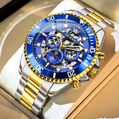 OLEVS Brand Luxury Automatic Mechanical Watch Men Skeleton Watch Week Date Waterproof Stainless Steel Hollow Business Men Watch