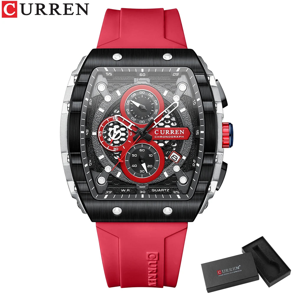 CURREN Tonneau Dial Chronograph Watch with Yellow Silicone Strap