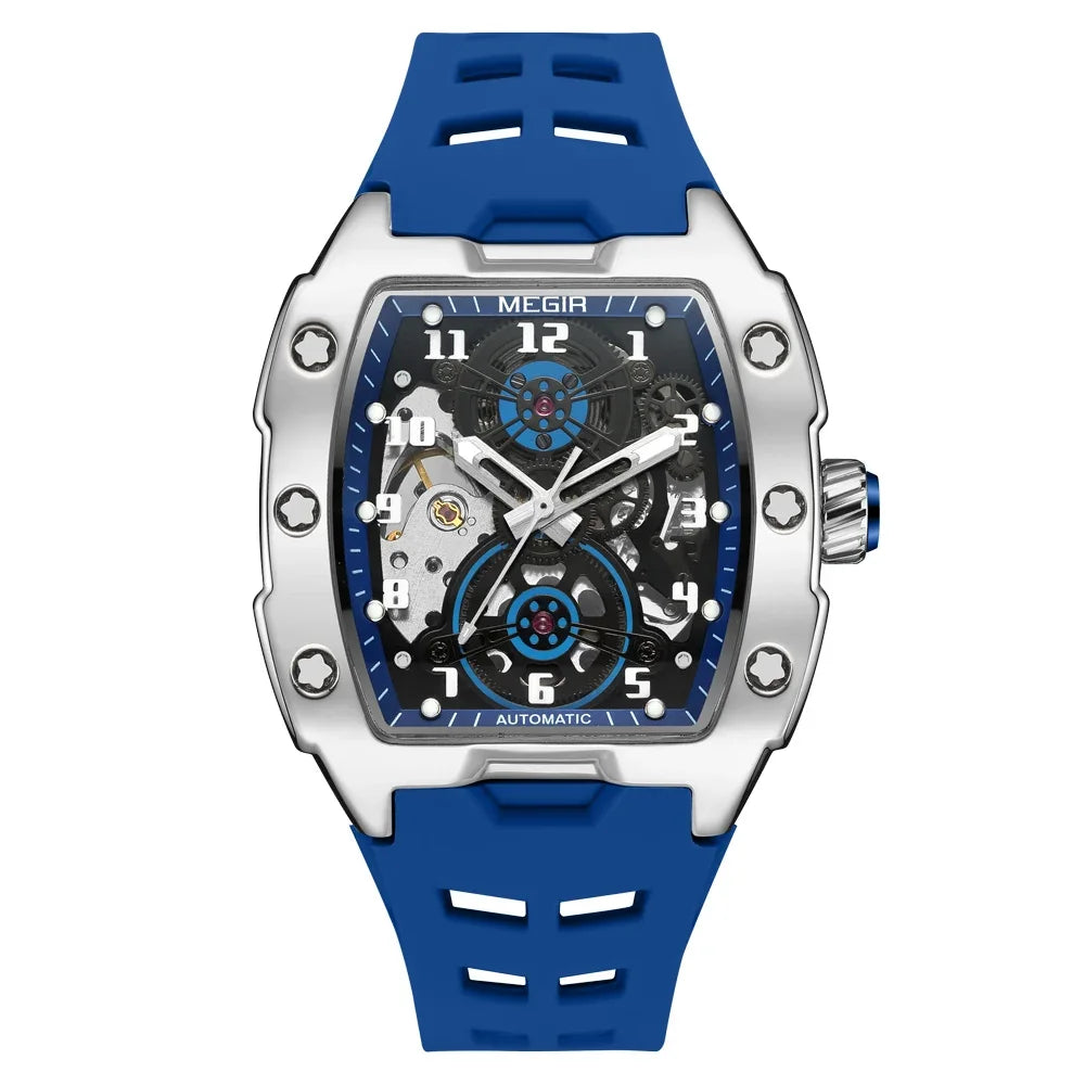 MEGIR Montre Homme Sport Tendance Boîtier Alliage Mécanique Étanche Bracelet Silicone Cadran Tonneau Aiguilles Lumineuses Montres-bracelets Homme