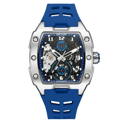 MEGIR Montre Homme Sport Tendance Boîtier Alliage Mécanique Étanche Bracelet Silicone Cadran Tonneau Aiguilles Lumineuses Montres-bracelets Homme