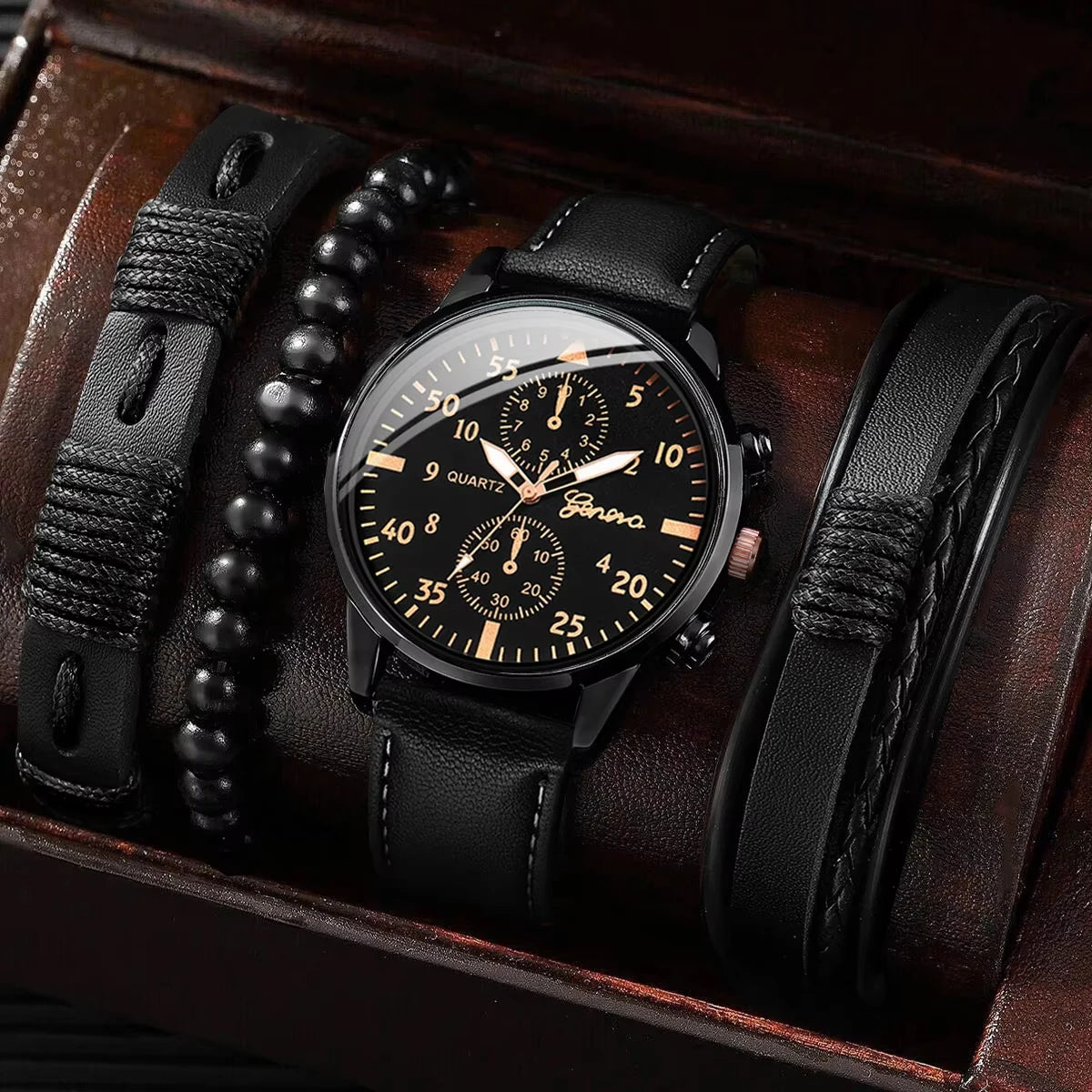 Lot de 4 montres bracelet en cuir pour hommes, à quartz analogique, avec bracelets tressés (sans boîte)