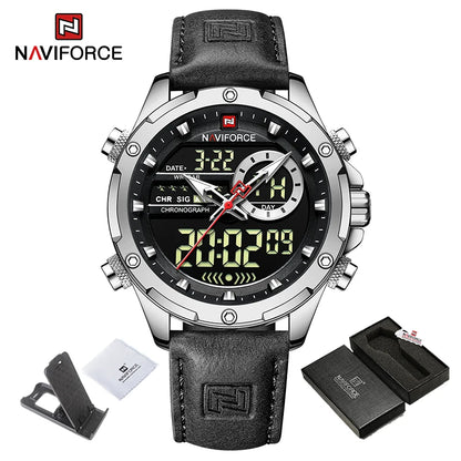 NAVIFORCE Nouvelles montres homme en cuir véritable, mouvement à quartz, chronographe, marque de luxe, lumineuses, analogiques, numériques, pour homme