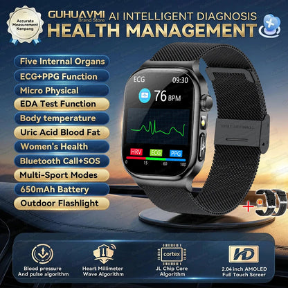 2026 Nouvelle Montre Connectée de Diagnostic Précis Graisse Corporelle ECG Oxygène Sanguin TA Santé Sport Écran AMOLED HD Appel Montres Intelligentes homme femme