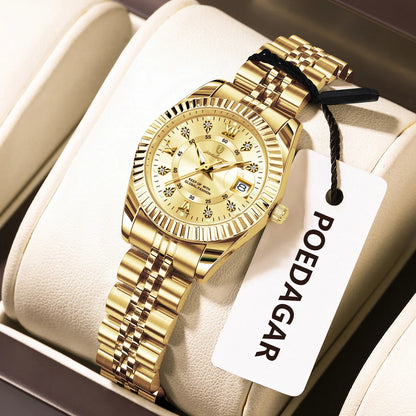 POEDAGAR Montre-bracelet de mode pour femmes Étanche Lumineuse Date Montres élégantes pour dames Montre à quartz en acier inoxydable pour femmes Reloj