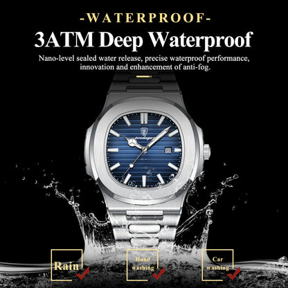 Montre-bracelet de luxe carrée POEDAGAR pour homme, étanche, lumineuse, date, en acier inoxydable, montre à quartz pour homme d'affaires et de sport