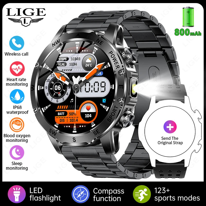 New 2026 Outdoor 800mAh Large Battery Smart Watch Men LED Flashlight Bluetooth Call Compass Sports Fitness Waterproof Smarwatch