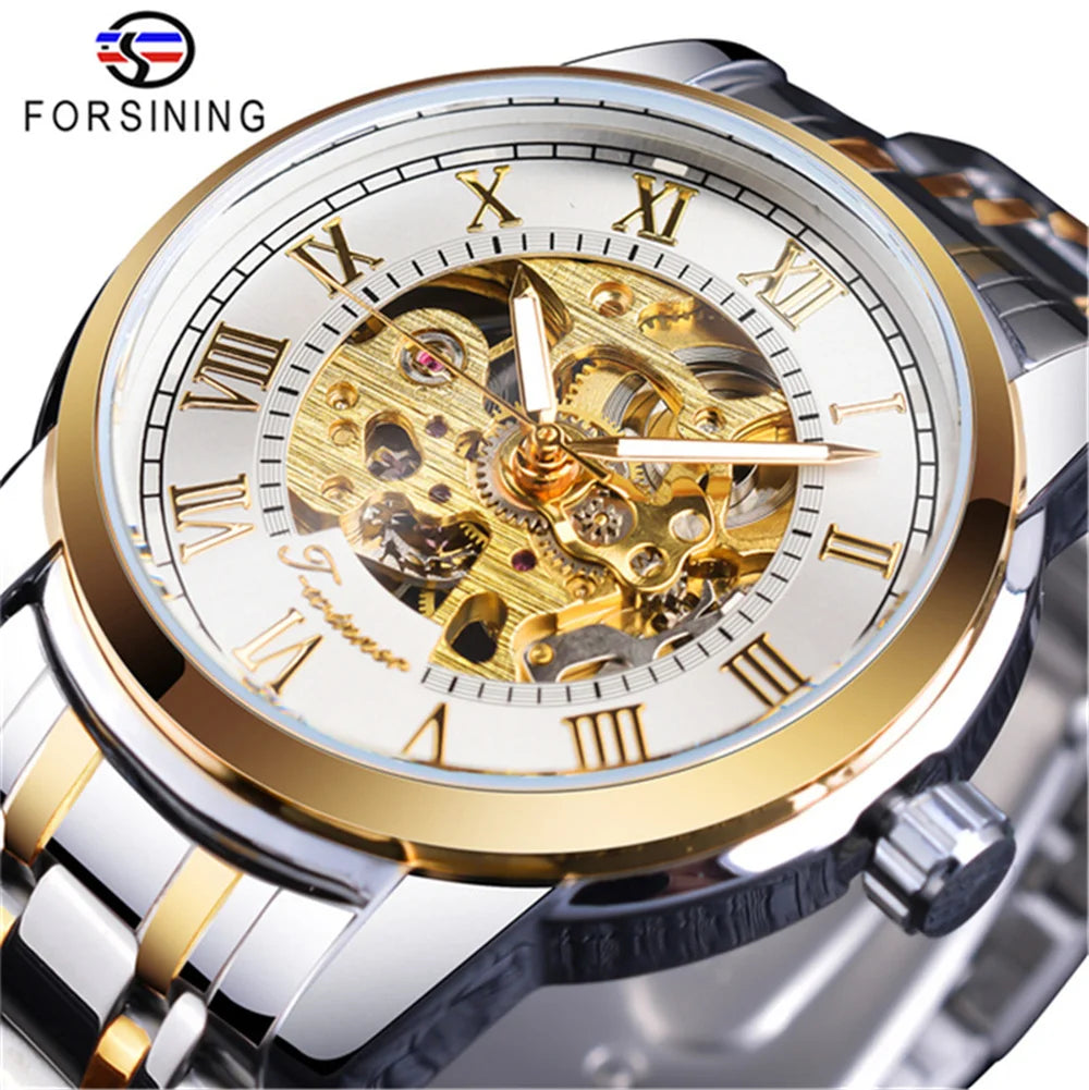 Forsining 349 Montre mécanique pour homme, boîtier rond, squelette, acier inoxydable, argenté et noir, montres-bracelets manuelles pour homme