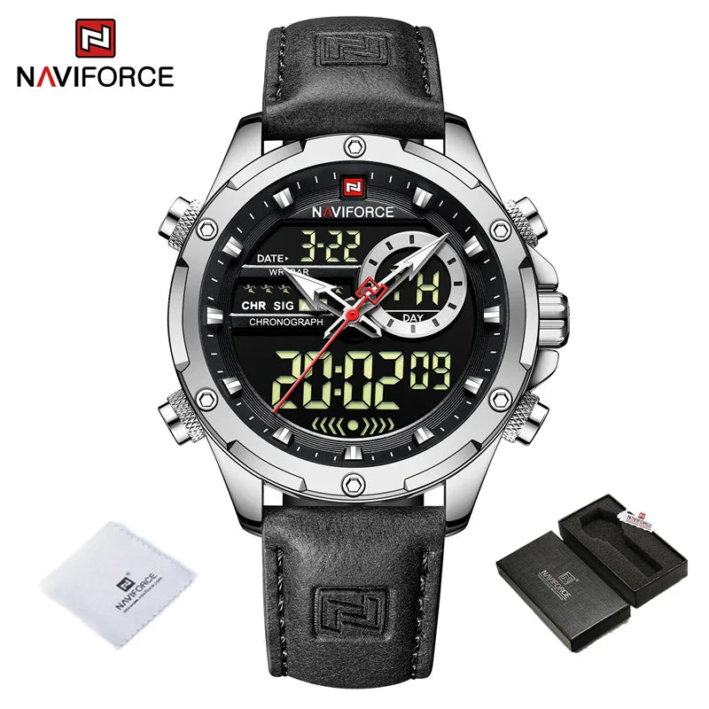NAVIFORCE Montre-bracelet de luxe originale pour hommes, double fuseau horaire, sport, décontractée, chronographe, alarme, quartz, bracelet en cuir, étanche