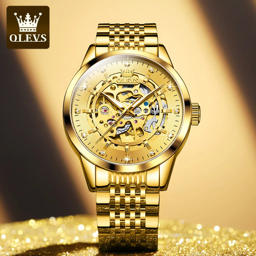 Montres OLEVS 9920 pour hommes, en acier inoxydable massif, étanches, lumineuses, de luxe, à mouvement automatique mécanique original et creux.