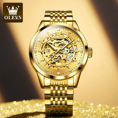 Montres OLEVS 9920 pour hommes, en acier inoxydable massif, étanches, lumineuses, de luxe, à mouvement automatique mécanique original et creux.